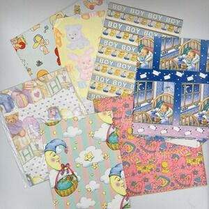 Vintage Lot of 7 BABY Gift Wrap Wrapping Paper‎ Loose Sheets 1970-80s